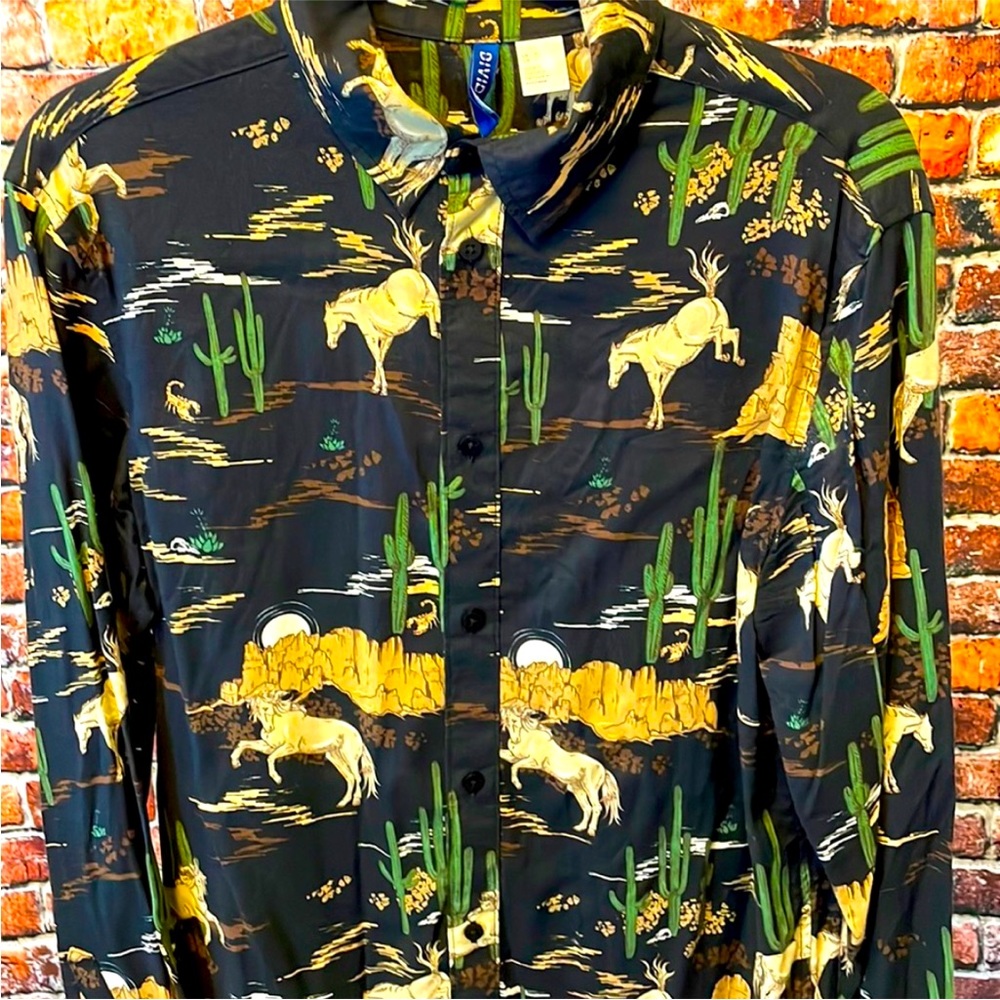 H&M men's small bronco horse long sleeve button down flowy shirt light loose